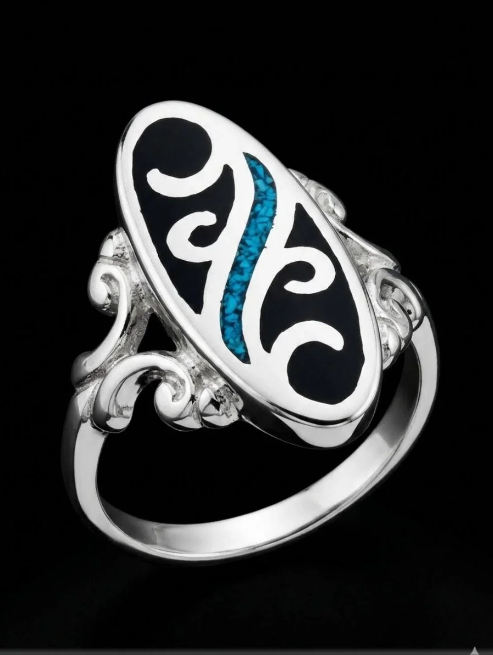 Sterling Silver Turquoise Inlay Oval Scroll Ring - Blue and Black Size 4